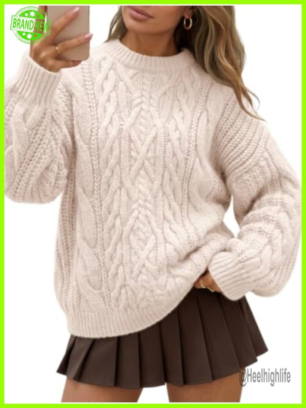 Oversized Cable Knit Chunky Pullover Sweater Long Sleeve Crew Neck